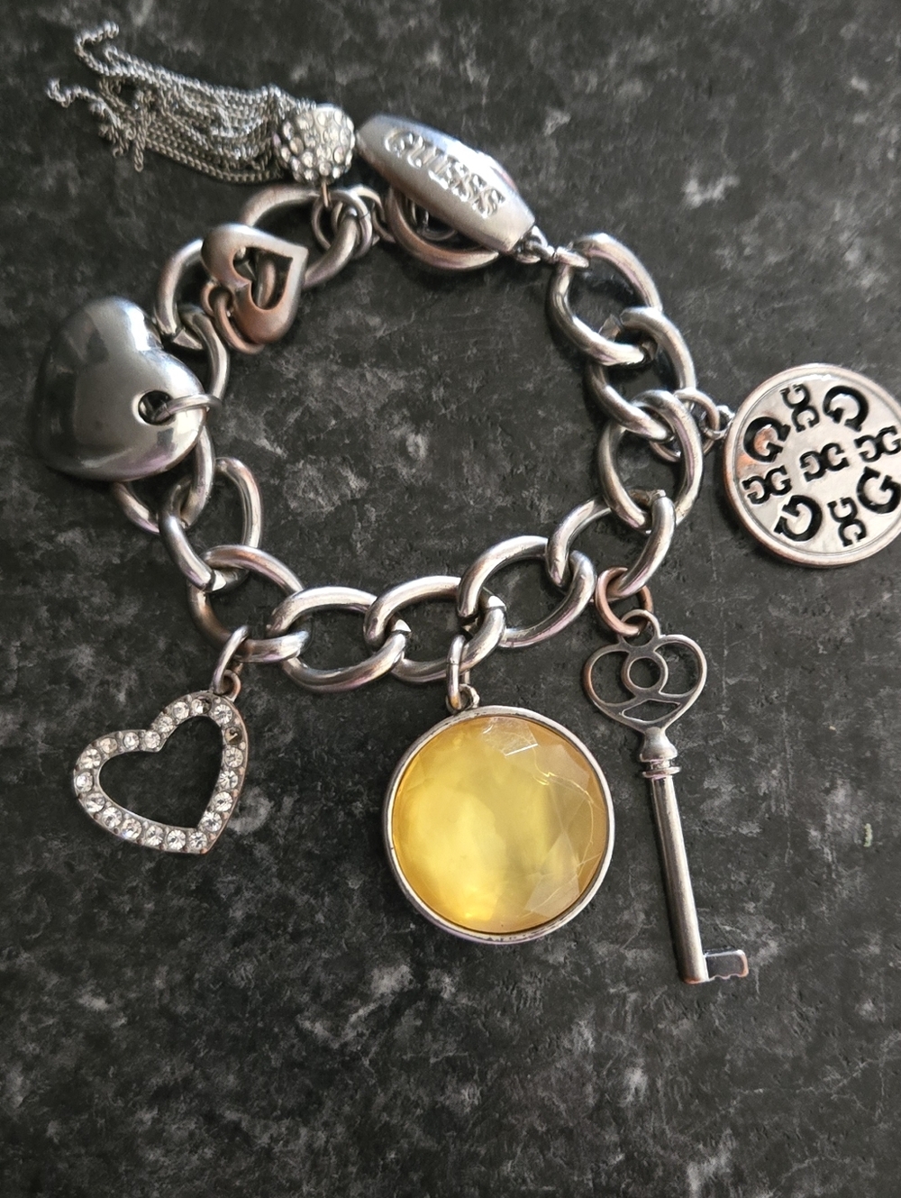 Guess Silver-Tone Charm Bracelet with Yellow Faceted Stone & Key